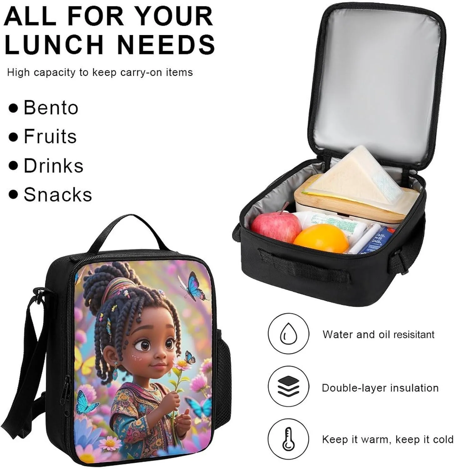 Supdreamc Camping Travel Walking Cycling Backpack Sets Daypack 3 Pcs Anti-Theft Multipurpose Daypack Big Capacity Bookbag, Colorful Afro American Black Woman With Butterflies Art