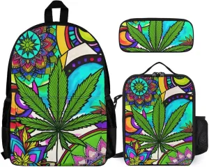 Supdreamc Daypack Backpack Sets, Rucksack   Lunch Bag   Pencil Case for Camping Picnic Bicycle, Marijuanaweed Mandala Colorful Art Camping Outdoor Backpack, One Size