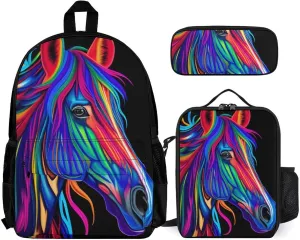 Supdreamc Daypack Backpack Sets, Rucksack   Lunch Bag   Pencil Case for Camping Picnic Bicycle, Rainbow Wild Horse Head Art Camping Outdoor Backpack, One Size
