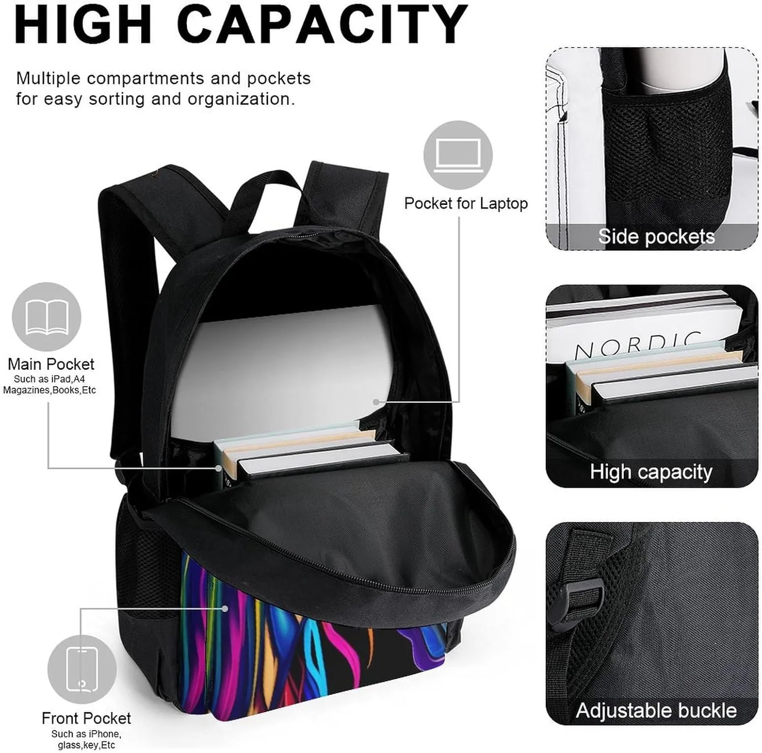 Supdreamc Daypack Backpack Sets, Rucksack   Lunch Bag   Pencil Case for Camping Picnic Bicycle, Rainbow Wild Horse Head Art Camping Outdoor Backpack, One Size