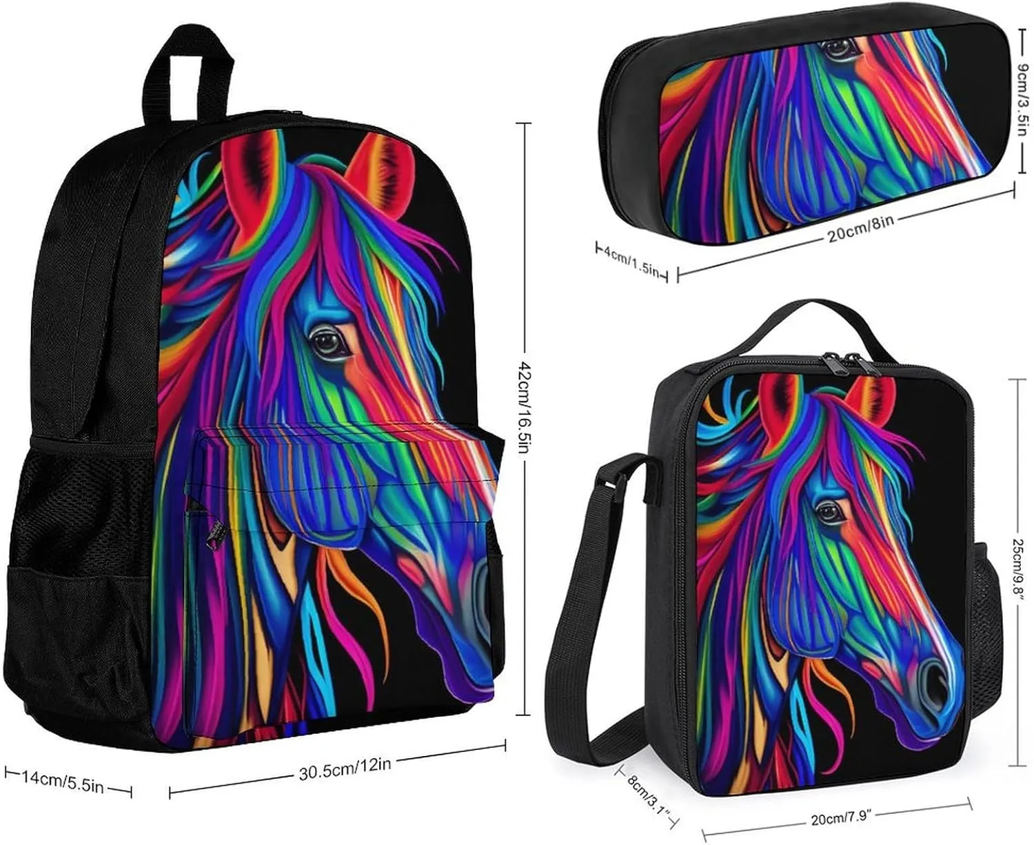 Supdreamc Daypack Backpack Sets, Rucksack   Lunch Bag   Pencil Case for Camping Picnic Bicycle, Rainbow Wild Horse Head Art Camping Outdoor Backpack, One Size