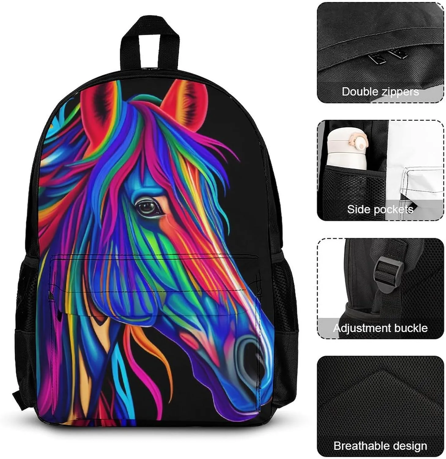 Supdreamc Daypack Backpack Sets, Rucksack   Lunch Bag   Pencil Case for Camping Picnic Bicycle, Rainbow Wild Horse Head Art Camping Outdoor Backpack, One Size