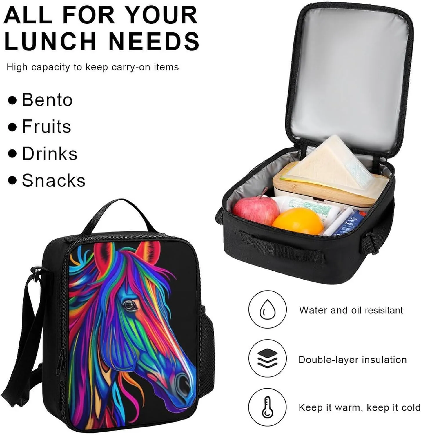 Supdreamc Daypack Backpack Sets, Rucksack   Lunch Bag   Pencil Case for Camping Picnic Bicycle, Rainbow Wild Horse Head Art Camping Outdoor Backpack, One Size