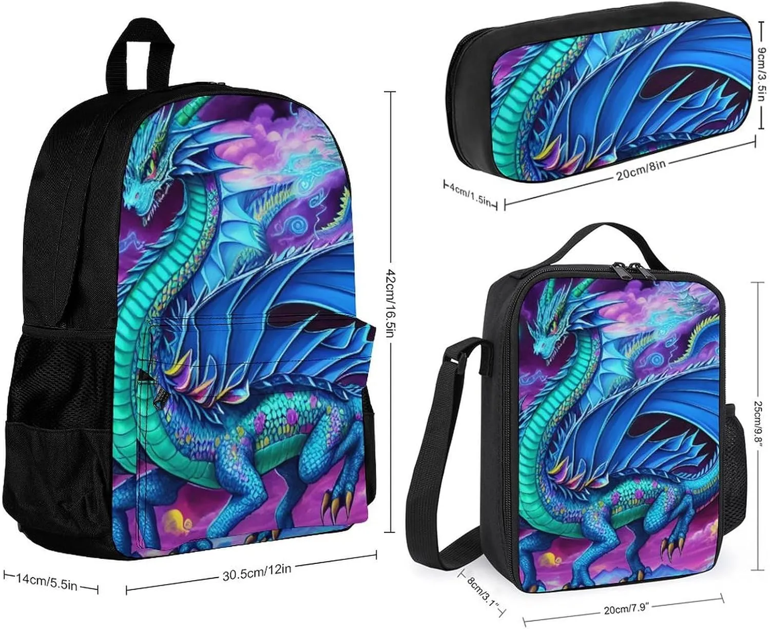 Supdreamc Picnic Bicycle Backpack Sets Daypack 3 Pcs Anti-Theft Multipurpose Backpack Sets Big Capacity Shoulder Bag, Mystery Dragon Trippy Art