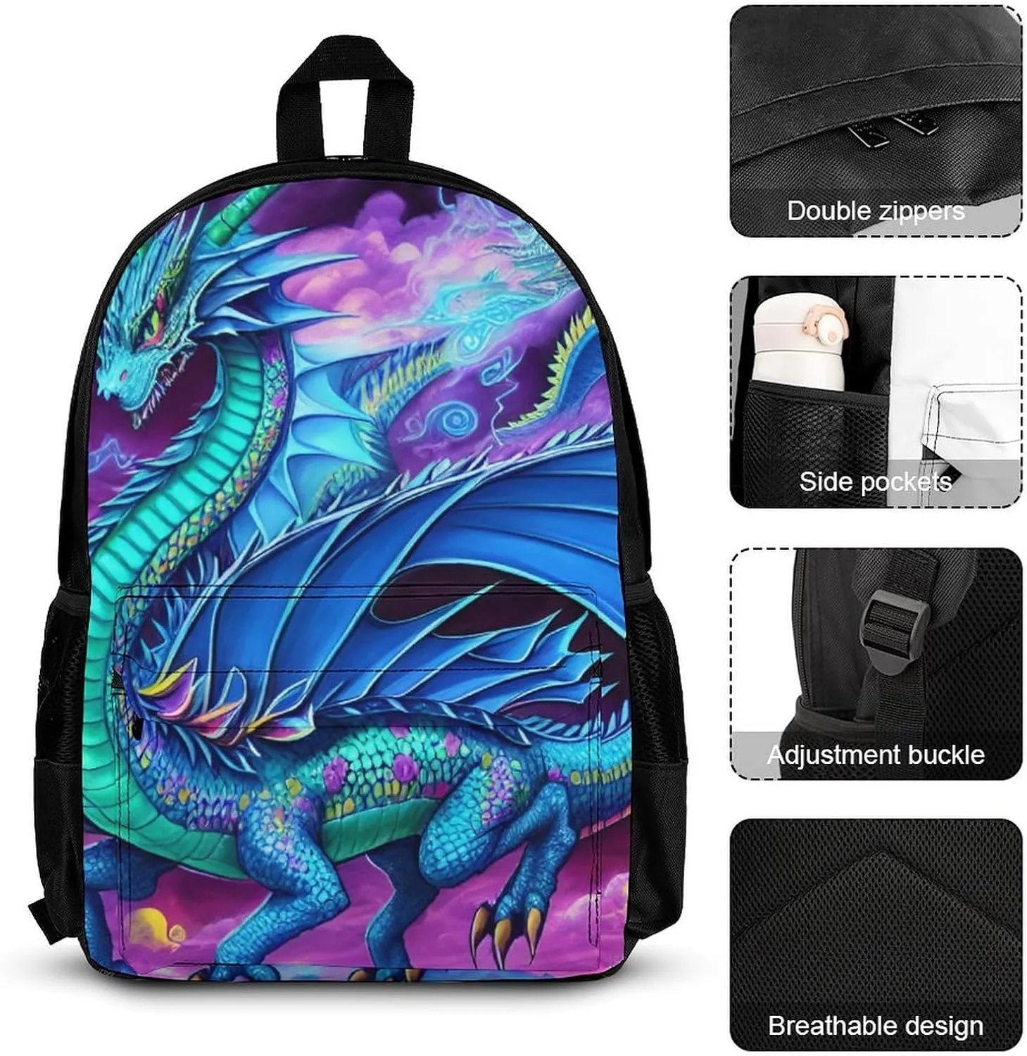 Supdreamc Picnic Bicycle Backpack Sets Daypack 3 Pcs Anti-Theft Multipurpose Backpack Sets Big Capacity Shoulder Bag, Mystery Dragon Trippy Art