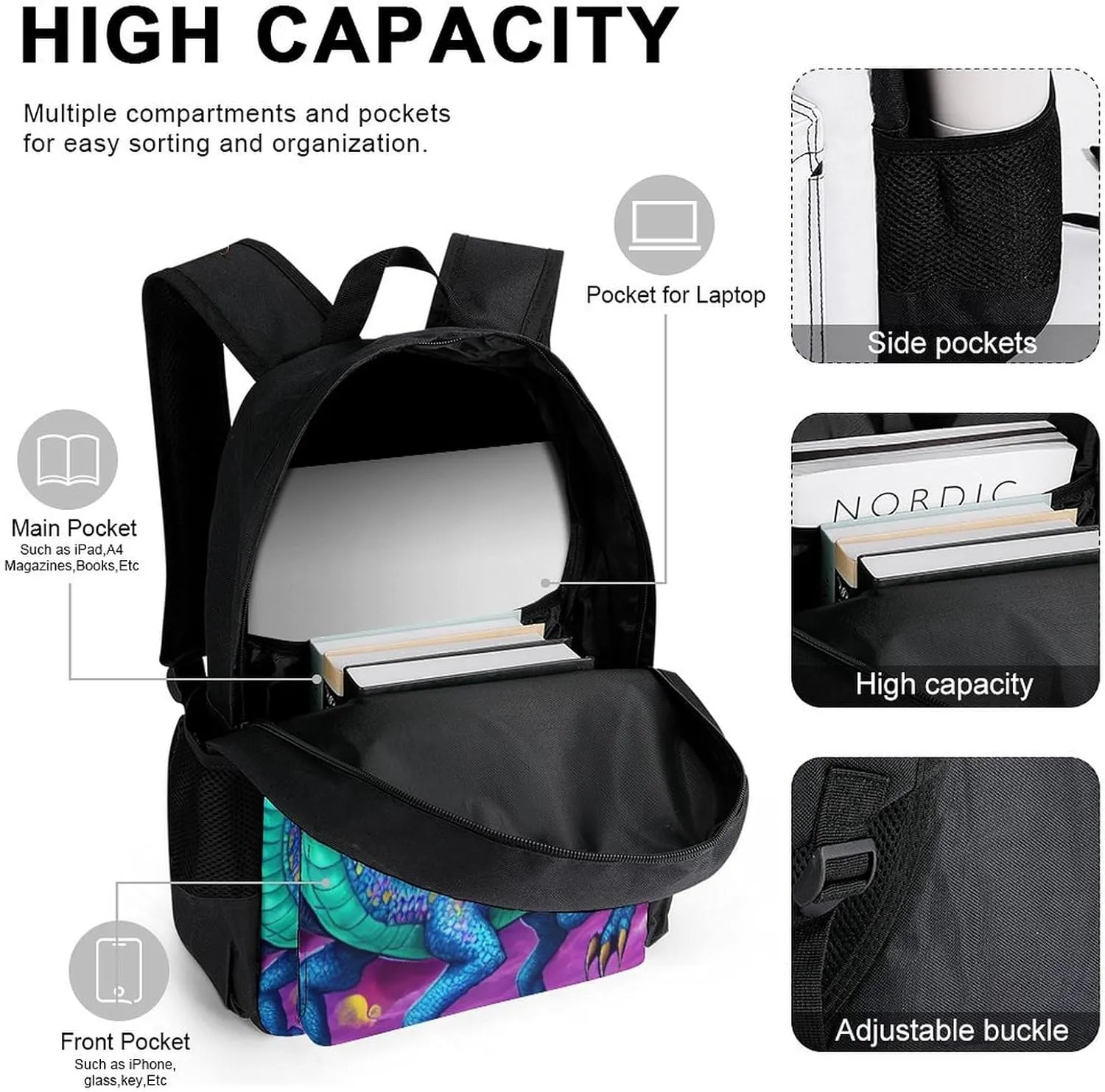 Supdreamc Picnic Bicycle Backpack Sets Daypack 3 Pcs Anti-Theft Multipurpose Backpack Sets Big Capacity Shoulder Bag, Mystery Dragon Trippy Art