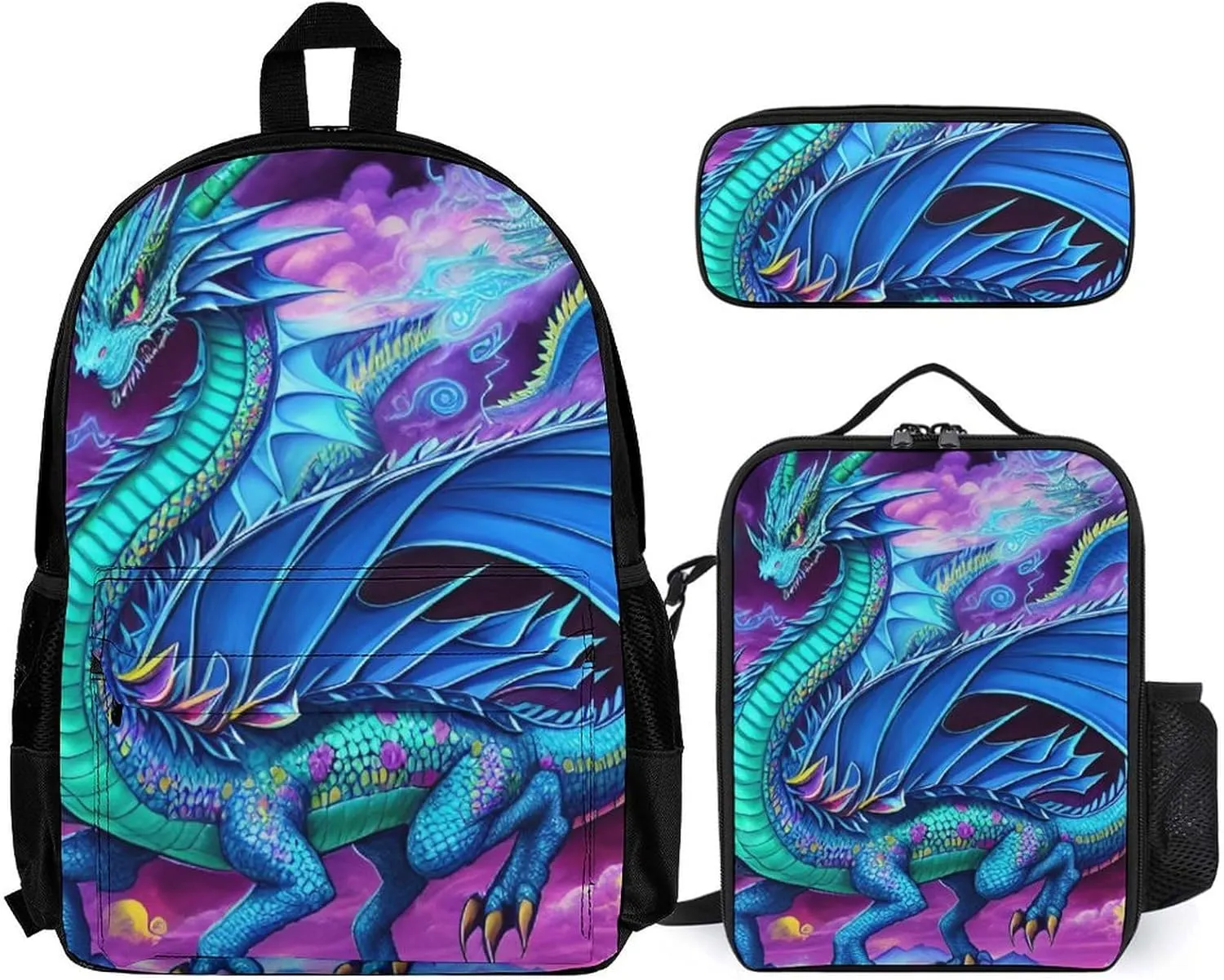 Supdreamc Picnic Bicycle Backpack Sets Daypack 3 Pcs Anti-Theft Multipurpose Backpack Sets Big Capacity Shoulder Bag, Mystery Dragon Trippy Art