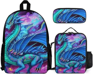 Supdreamc Picnic Bicycle Backpack Sets Daypack 3 Pcs Anti-Theft Multipurpose Backpack Sets Big Capacity Shoulder Bag, Mystery Dragon Trippy Art