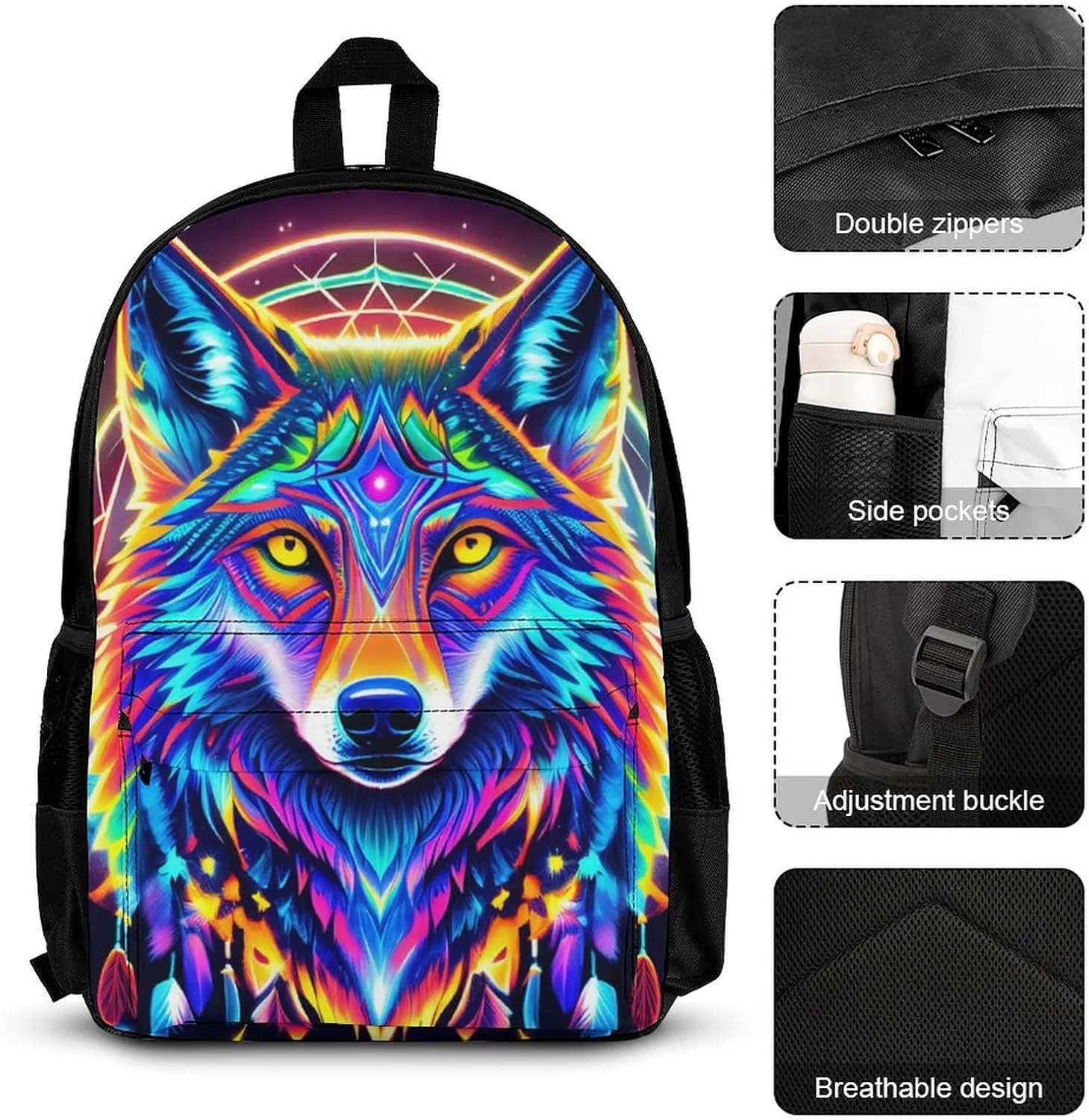 Supdreamc Psychedelic Wolf Colorful Dreamcatcher Art Backpack Sets Daypack 3 Piece Multipurpose Backpack Lunch Bag Pencil Case Big Capacity Carry On Bag, One Size