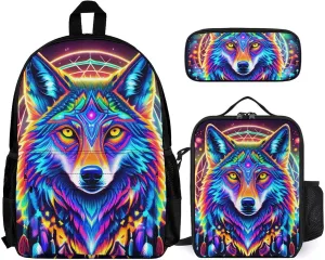 Supdreamc Psychedelic Wolf Colorful Dreamcatcher Art Backpack Sets Daypack 3 Piece Multipurpose Backpack Lunch Bag Pencil Case Big Capacity Carry On Bag, One Size