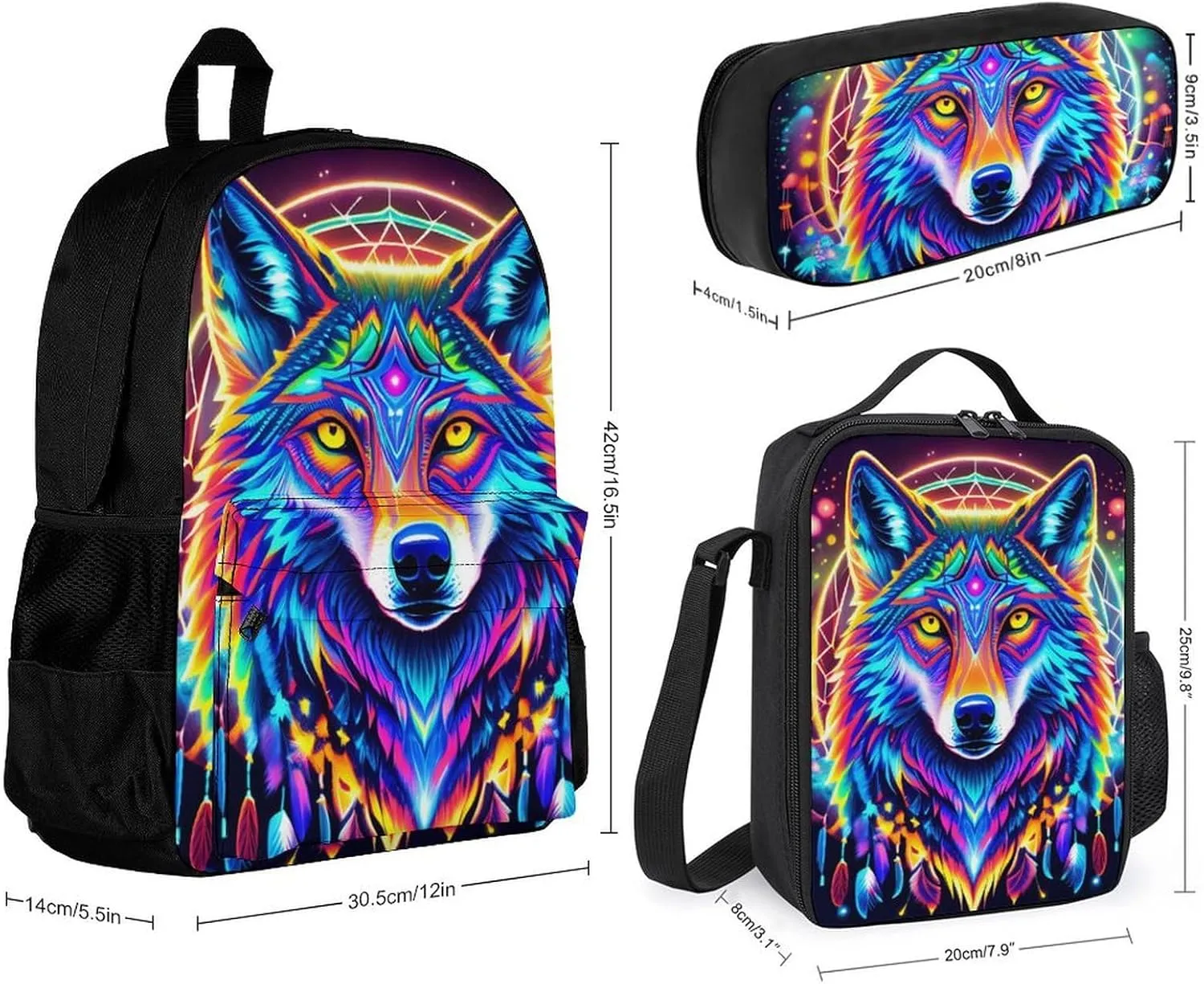Supdreamc Psychedelic Wolf Colorful Dreamcatcher Art Backpack Sets Daypack 3 Piece Multipurpose Backpack Lunch Bag Pencil Case Big Capacity Carry On Bag, One Size