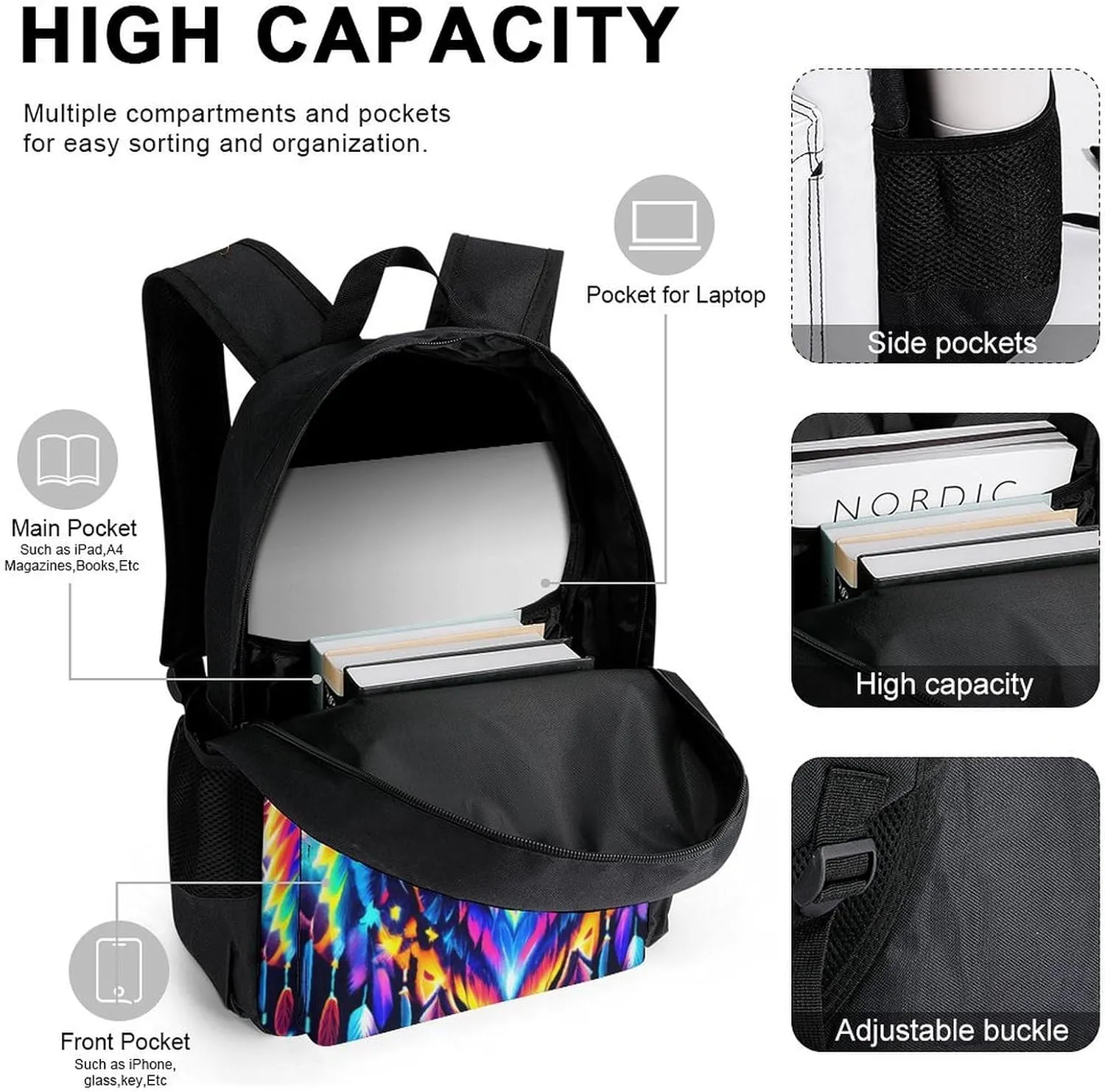 Supdreamc Psychedelic Wolf Colorful Dreamcatcher Art Backpack Sets Daypack 3 Piece Multipurpose Backpack Lunch Bag Pencil Case Big Capacity Carry On Bag, One Size