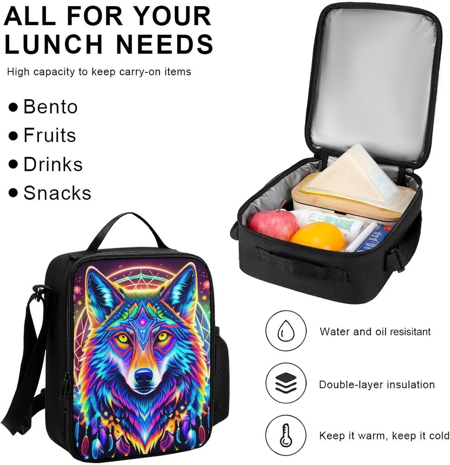 Supdreamc Psychedelic Wolf Colorful Dreamcatcher Art Backpack Sets Daypack 3 Piece Multipurpose Backpack Lunch Bag Pencil Case Big Capacity Carry On Bag, One Size