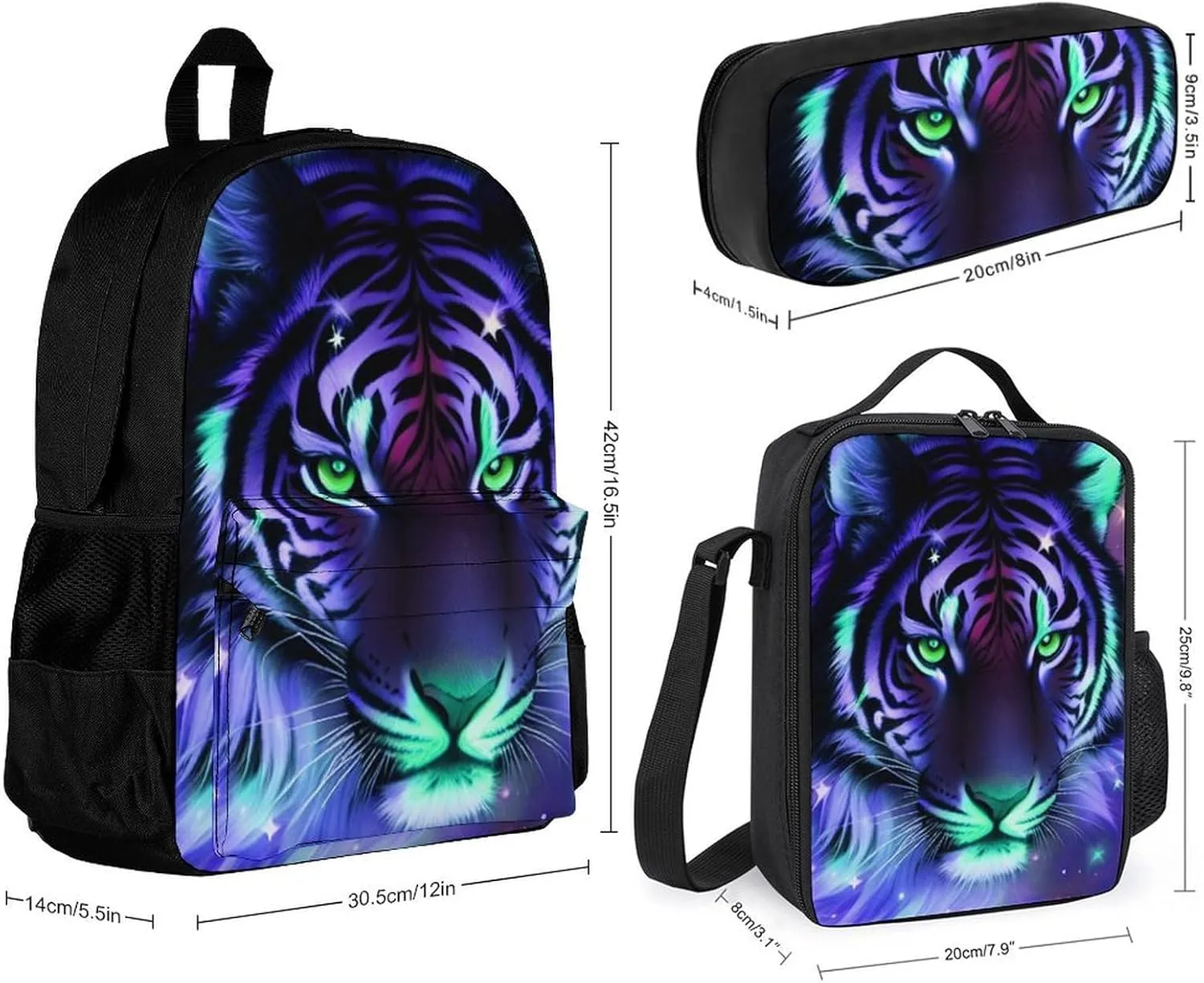 Supdreamc Travel Hiking Bag & Day Pack 3 Piece Daypack Climbing Shoulder Bag Big Capacity Rucksack Mystic Fantasy Galaxy Sky Fantasy Tiger Wild Animals Boho Style Daypack Backpack for Men and Women