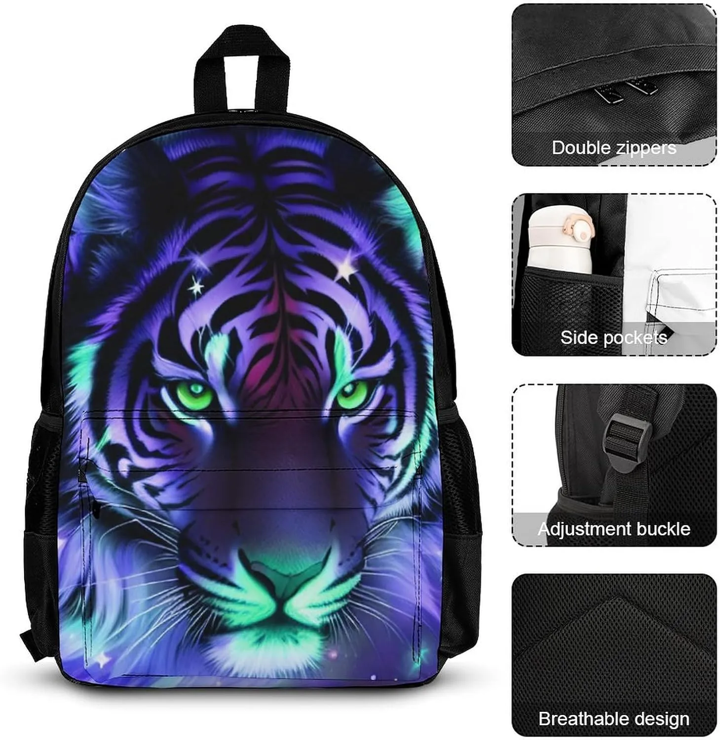 Supdreamc Travel Hiking Bag & Day Pack 3 Piece Daypack Climbing Shoulder Bag Big Capacity Rucksack Mystic Fantasy Galaxy Sky Fantasy Tiger Wild Animals Boho Style Daypack Backpack for Men and Women