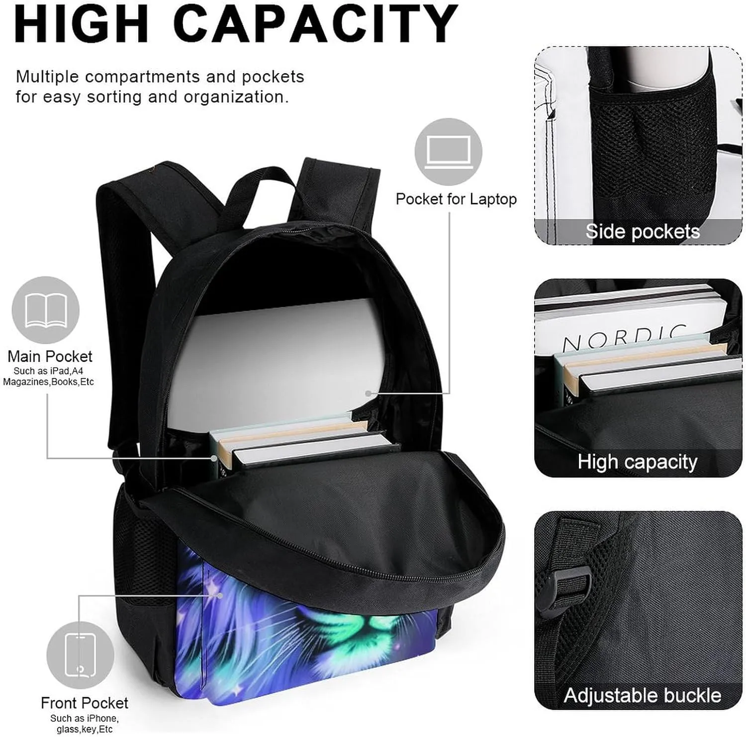 Supdreamc Travel Hiking Bag & Day Pack 3 Piece Daypack Climbing Shoulder Bag Big Capacity Rucksack Mystic Fantasy Galaxy Sky Fantasy Tiger Wild Animals Boho Style Daypack Backpack for Men and Women