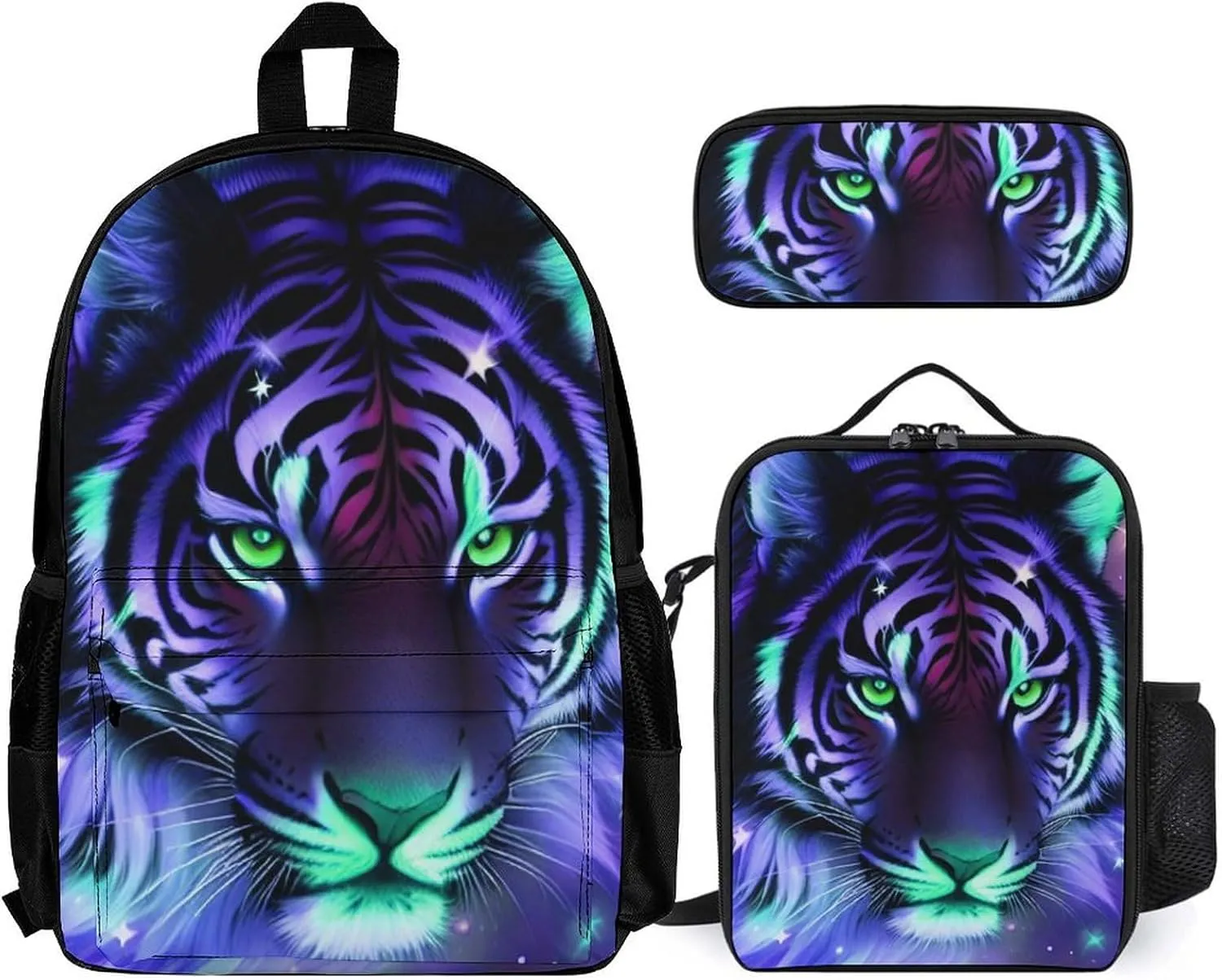 Supdreamc Travel Hiking Bag & Day Pack 3 Piece Daypack Climbing Shoulder Bag Big Capacity Rucksack Mystic Fantasy Galaxy Sky Fantasy Tiger Wild Animals Boho Style Daypack Backpack for Men and Women