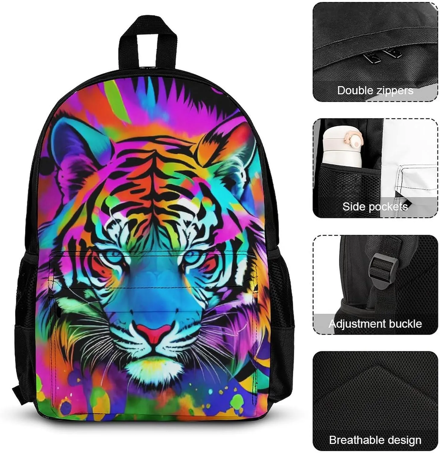 Supdreamc Travel Hiking Bag & Day Pack 3 Piece Daypack Sets Shoulder Bag Large Capacity Backpack Colorful Abstract King Of The Tiger Watercolor Art College Bookbag for Adults