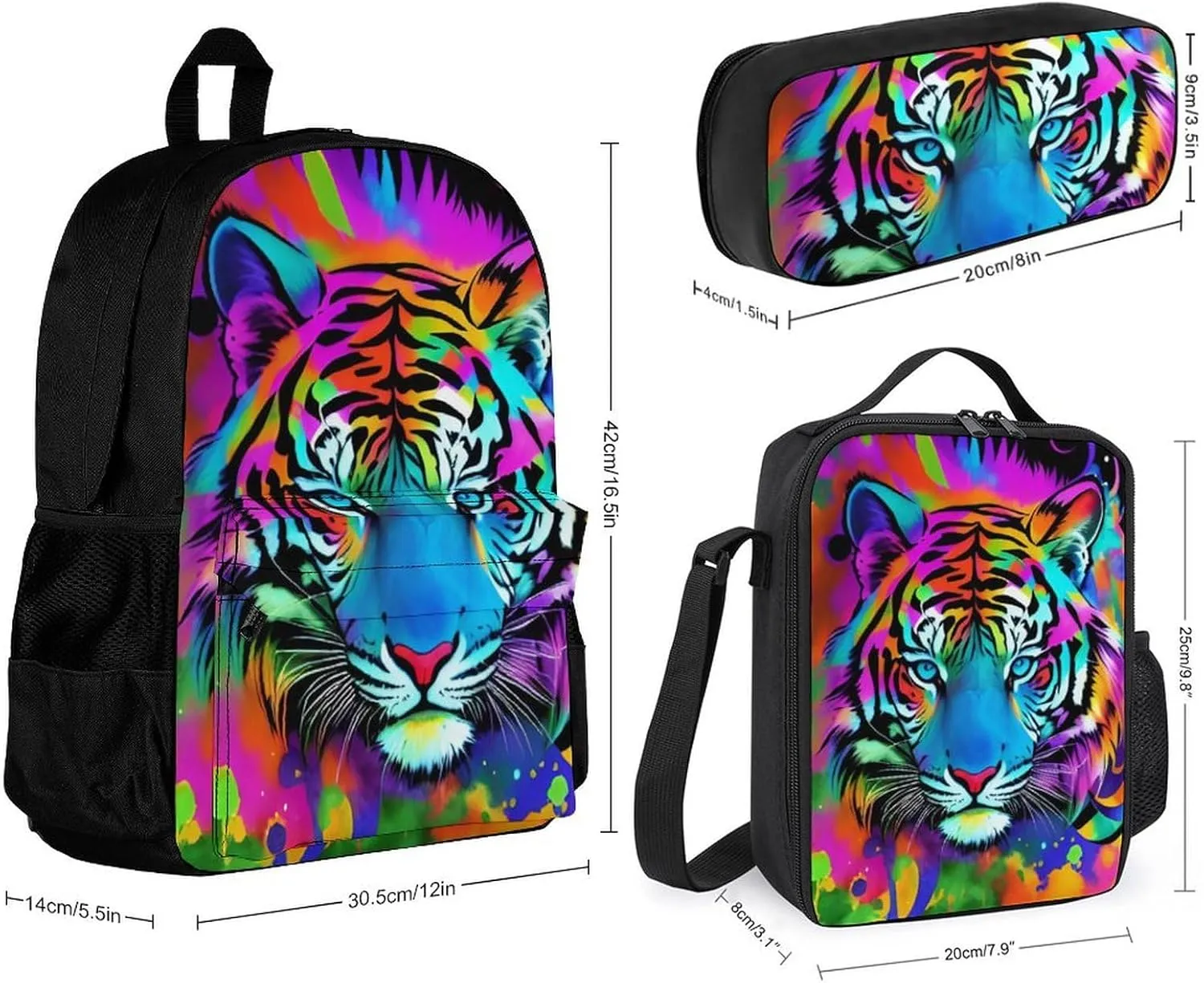 Supdreamc Travel Hiking Bag & Day Pack 3 Piece Daypack Sets Shoulder Bag Large Capacity Backpack Colorful Abstract King Of The Tiger Watercolor Art College Bookbag for Adults