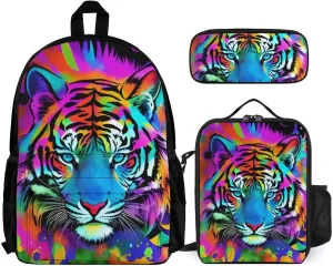 Supdreamc Travel Hiking Bag & Day Pack 3 Piece Daypack Sets Shoulder Bag Large Capacity Backpack Colorful Abstract King Of The Tiger Watercolor Art College Bookbag for Adults