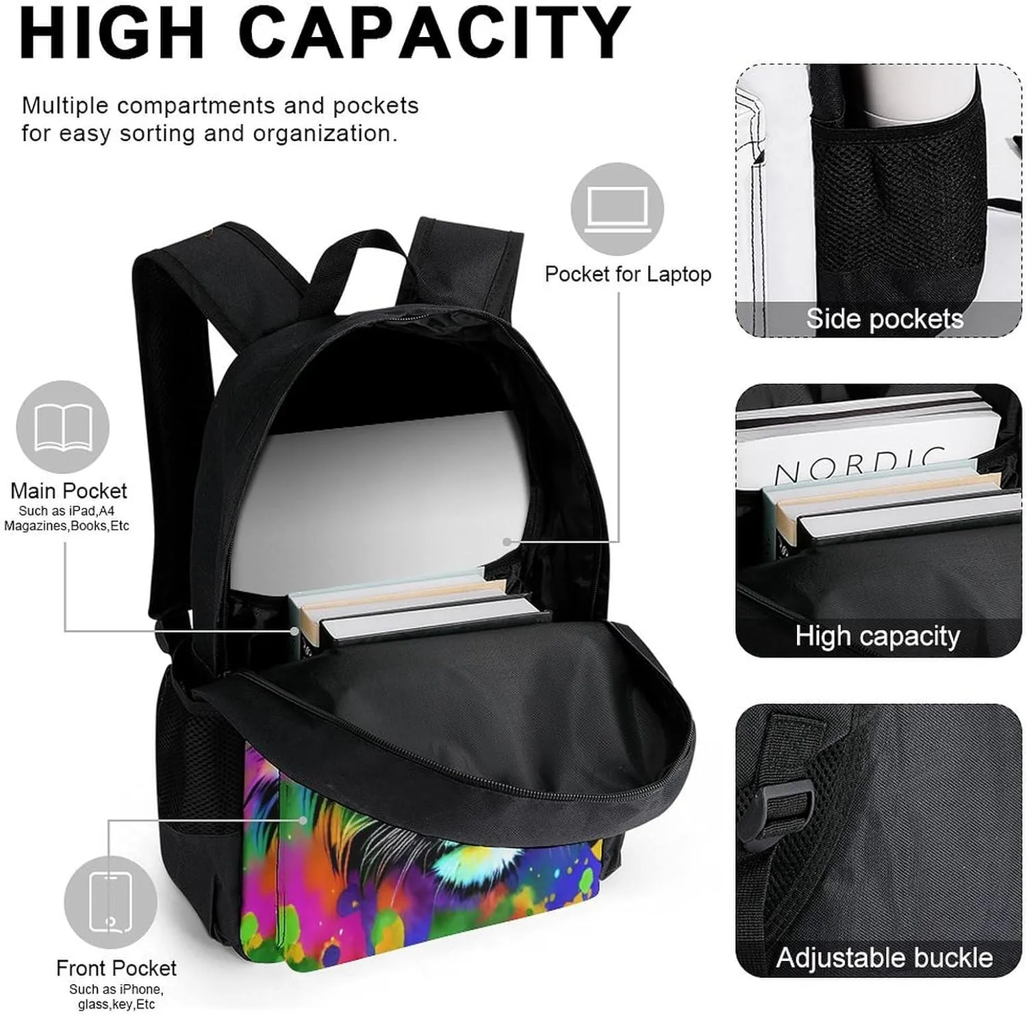 Supdreamc Travel Hiking Bag & Day Pack 3 Piece Daypack Sets Shoulder Bag Large Capacity Backpack Colorful Abstract King Of The Tiger Watercolor Art College Bookbag for Adults