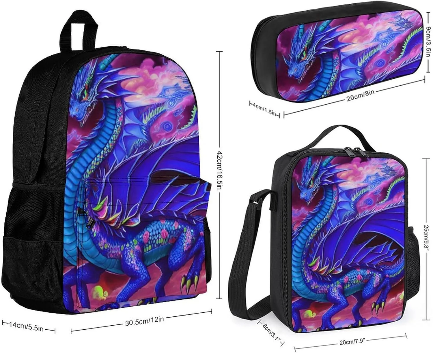 Supdreamc Travel Hiking Bag & Day Pack Gym Outdoor Hiking Bag Big Capacity Backpack Mystery Dragon Trippy Art 3 Piece College Daypack for Adults