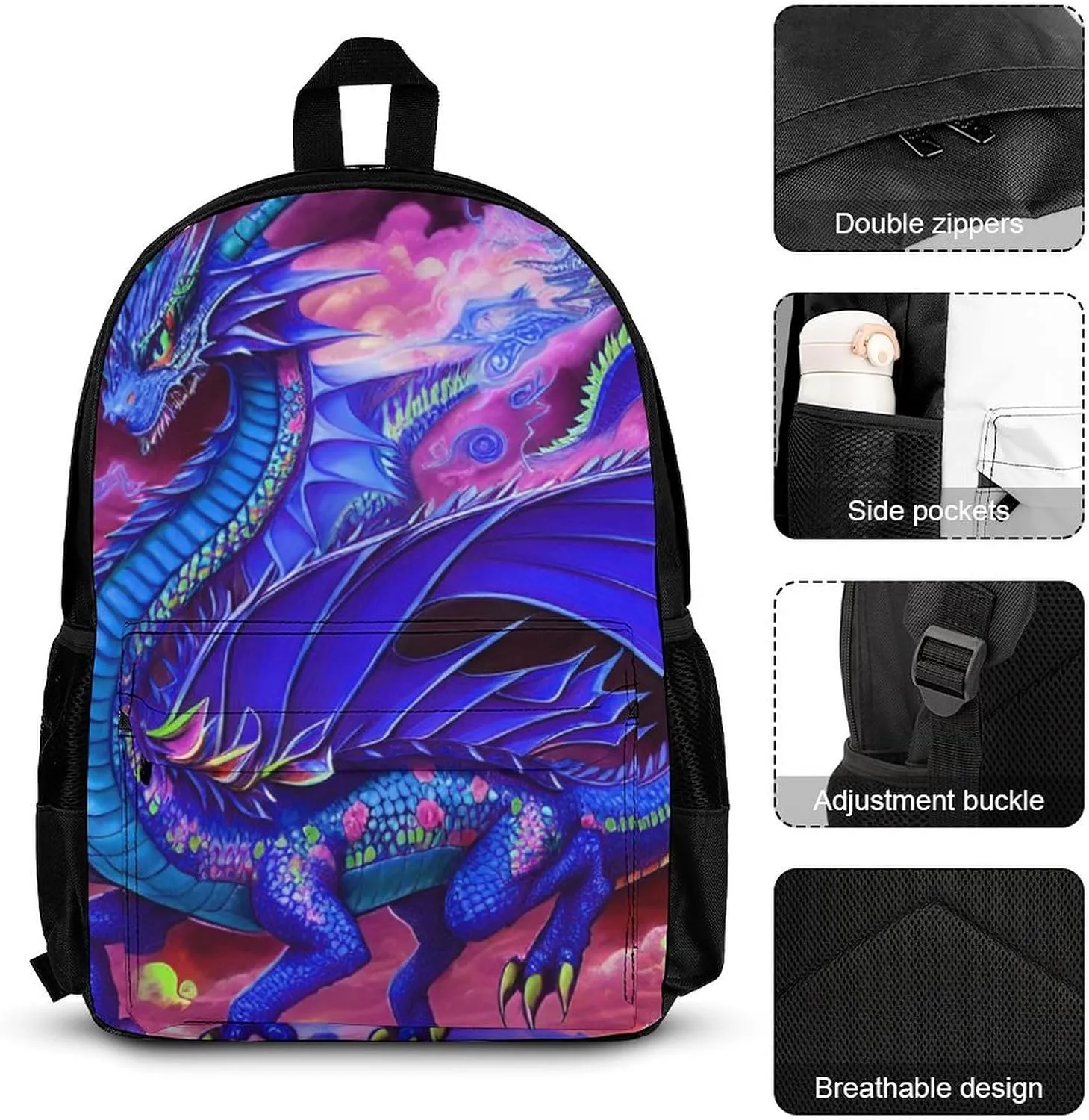 Supdreamc Travel Hiking Bag & Day Pack Gym Outdoor Hiking Bag Big Capacity Backpack Mystery Dragon Trippy Art 3 Piece College Daypack for Adults