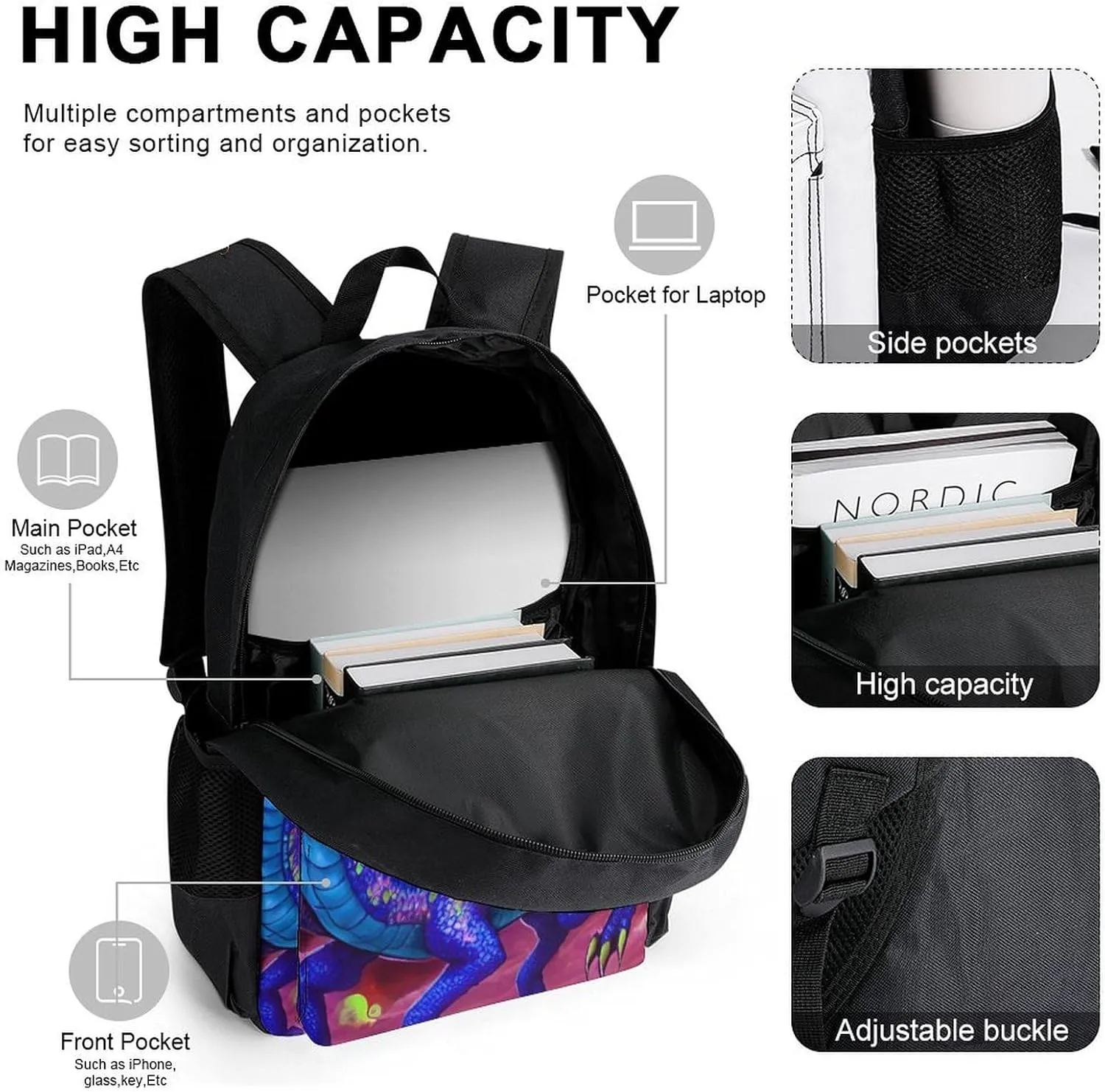 Supdreamc Travel Hiking Bag & Day Pack Gym Outdoor Hiking Bag Big Capacity Backpack Mystery Dragon Trippy Art 3 Piece College Daypack for Adults