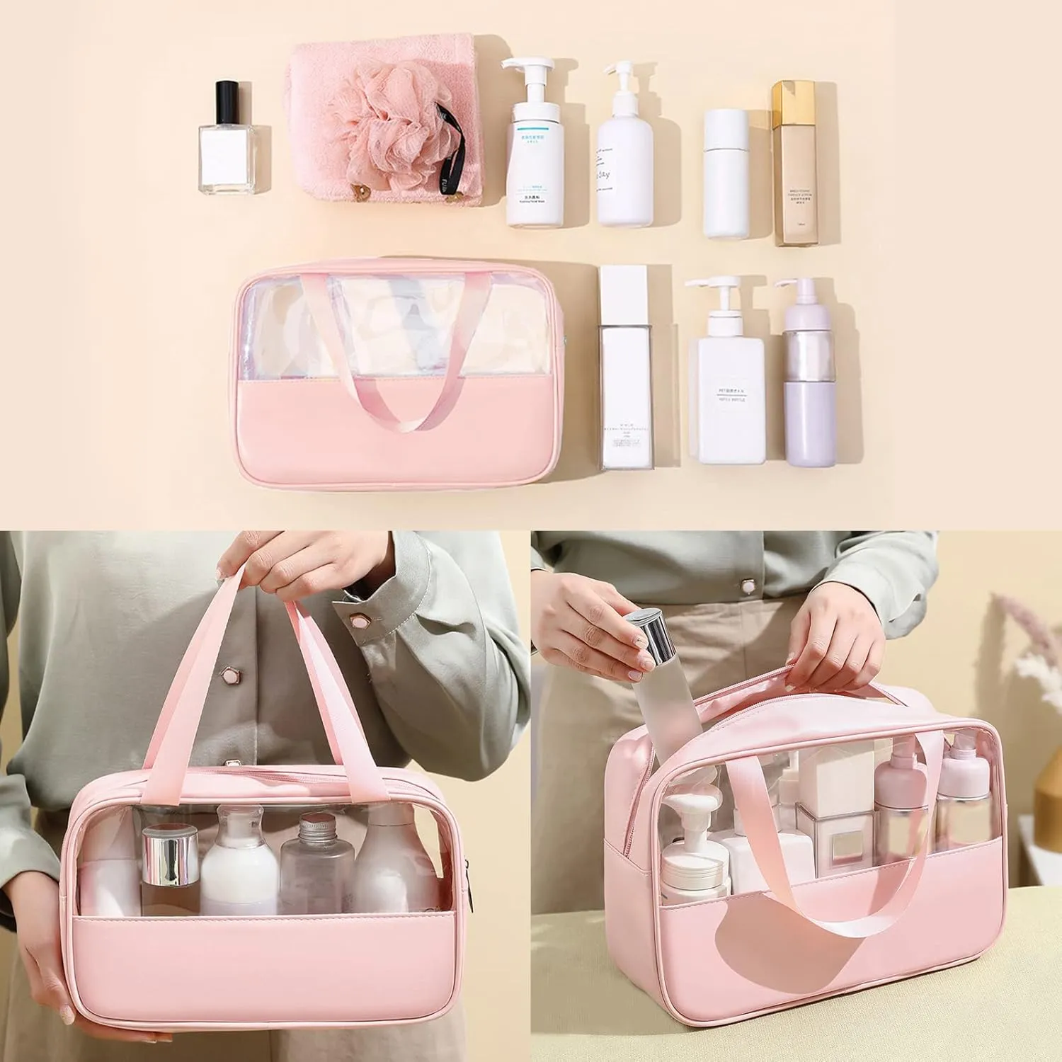 Surblue Toiletry Bag for Women Clear Cosmetics Bag Hanging Toiletry Bag for Men Waterproof Makeup Bags for Traveling Transparent Travel Organizer 3Pcs, Pink