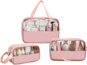 Surblue Toiletry Bag for Women Clear Cosmetics Bag Hanging Toiletry Bag for Men Waterproof Makeup Bags for Traveling Transparent Travel Organizer 3Pcs, Pink