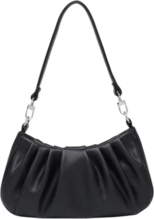 SweatyRocks Black Shoulder Bag for Women PU Leather Small Clutch Purese Ruched Trendy Hobo Bags Handbag