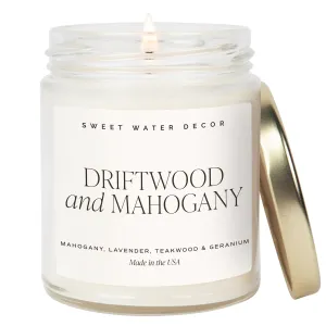 Sweet Water Decor Driftwood and Mahogany Soy Candle - Warm Mahogany, Fresh Lavender, Geranium, and Teakwood Scented Candles for Home - 9oz Clear Jar   Gold Lid, 40  Hour Burn Time, Made in the USA