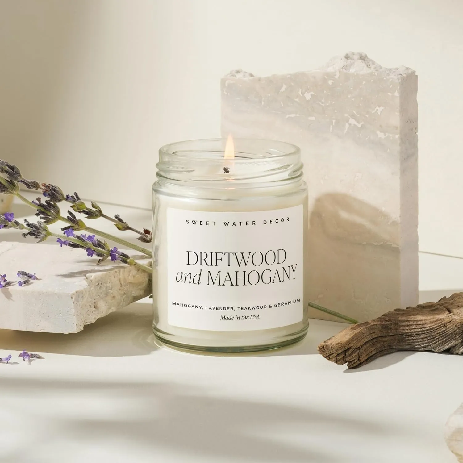 Sweet Water Decor Driftwood and Mahogany Soy Candle - Warm Mahogany, Fresh Lavender, Geranium, and Teakwood Scented Candles for Home - 9oz Clear Jar   Gold Lid, 40  Hour Burn Time, Made in the USA