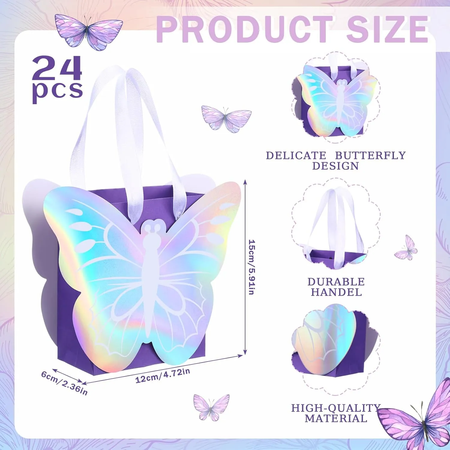 Sweetude 24 Pcs Holographic Butterfly Party Favor Bags Iridescent Purple Butterfly Goodie Bags for Birthday Gift Treat Candy Baby Shower Party Bridal Showers Supplies