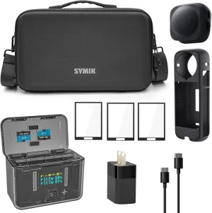 SYMIK Essential Accessory Kit for Insta360 X4, Fast Charger, Carry Case, 30W PD GaN Power Adapter & Cable, 3 Pack Screen Protectors, Silicone Case Cover and Lens Cap