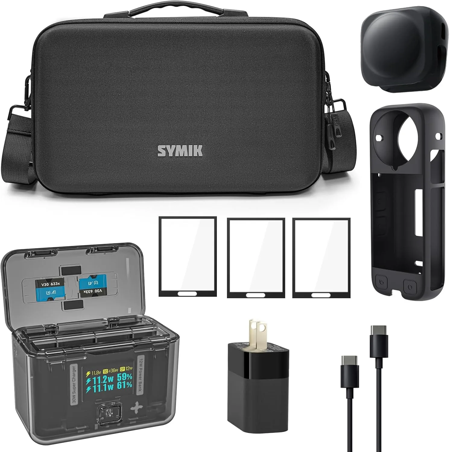 SYMIK Essential Accessory Kit for Insta360 X4, Fast Charger, Carry Case, 30W PD GaN Power Adapter & Cable, 3 Pack Screen Protectors, Silicone Case Cover and Lens Cap
