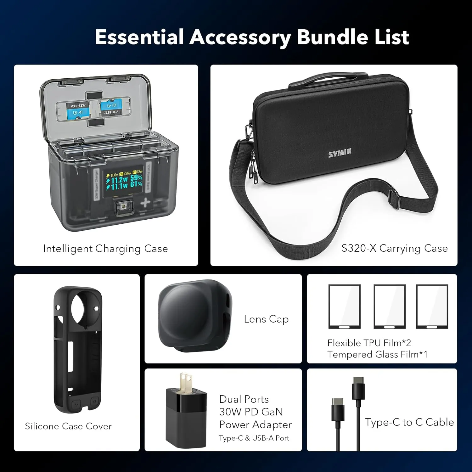 SYMIK Essential Accessory Kit for Insta360 X4, Fast Charger, Carry Case, 30W PD GaN Power Adapter & Cable, 3 Pack Screen Protectors, Silicone Case Cover and Lens Cap