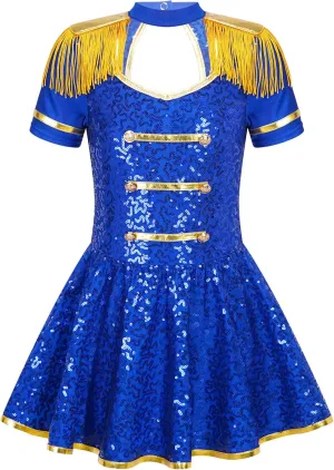 Sywiyi Girls Majorette Costume Shiny Sequins Marching Band Uniform Leotard Dress for Party Performance