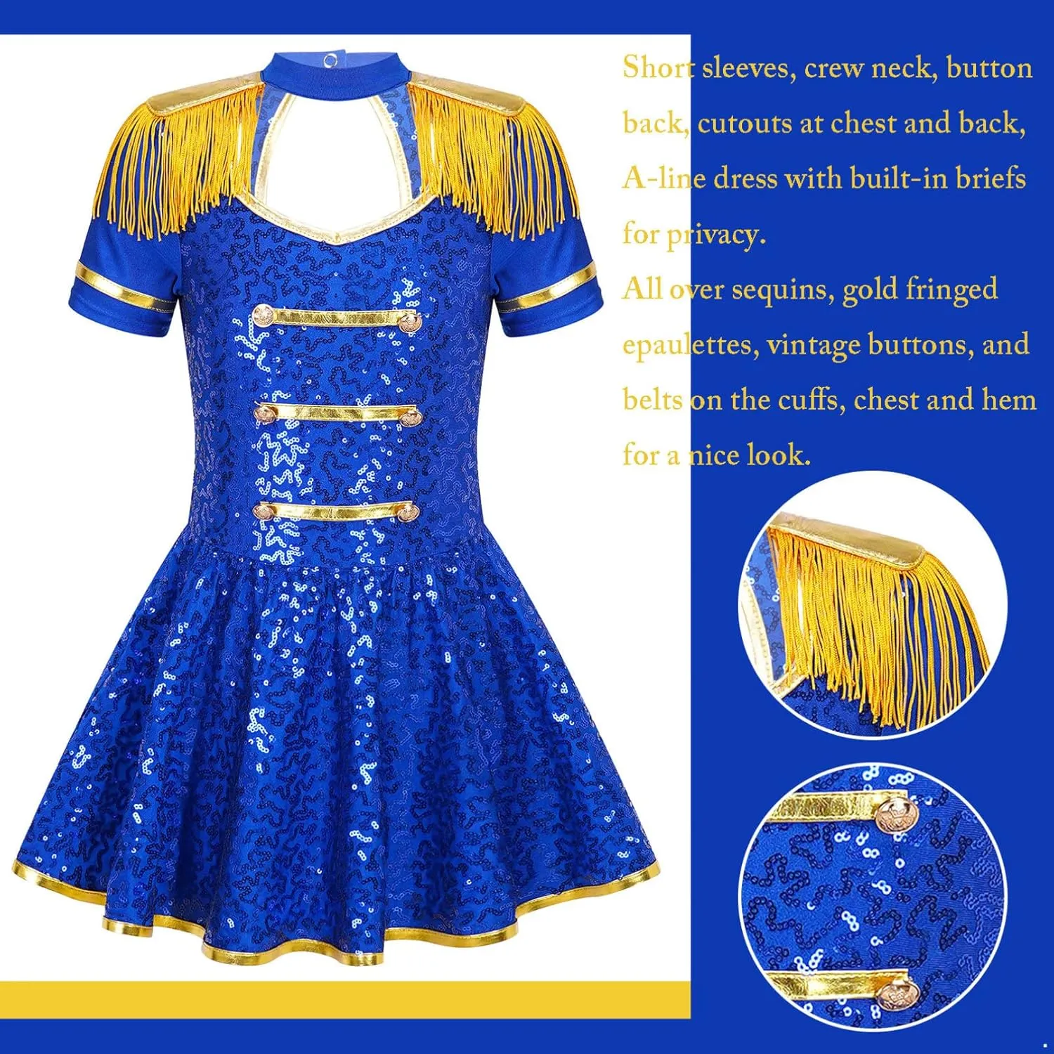 Sywiyi Girls Majorette Costume Shiny Sequins Marching Band Uniform Leotard Dress for Party Performance