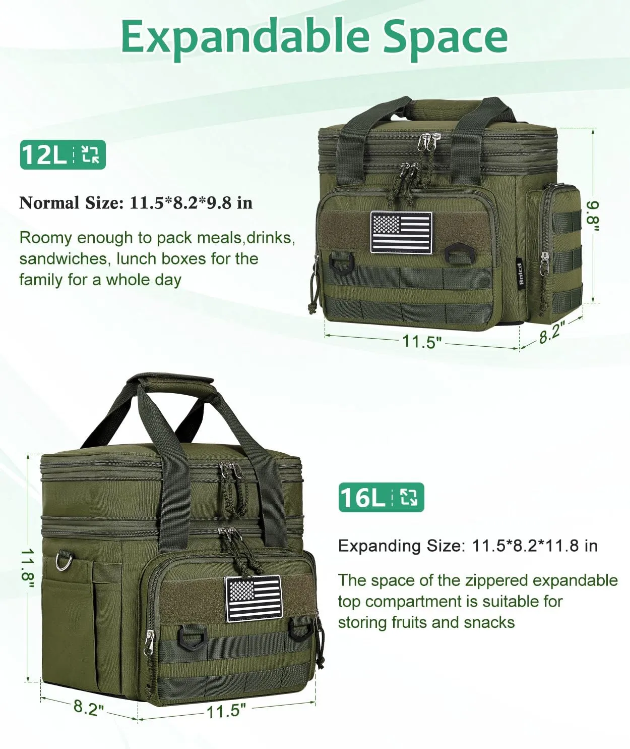 Tactical Lunch Box for Men, Expandable Large Insulated Lunch Bag for Adult, Heavy Duty Double Deck Lunch Cooler Bag with Shoulder Strap Leakproof Waterproof Lunch Tote for Travel Work Office - Green