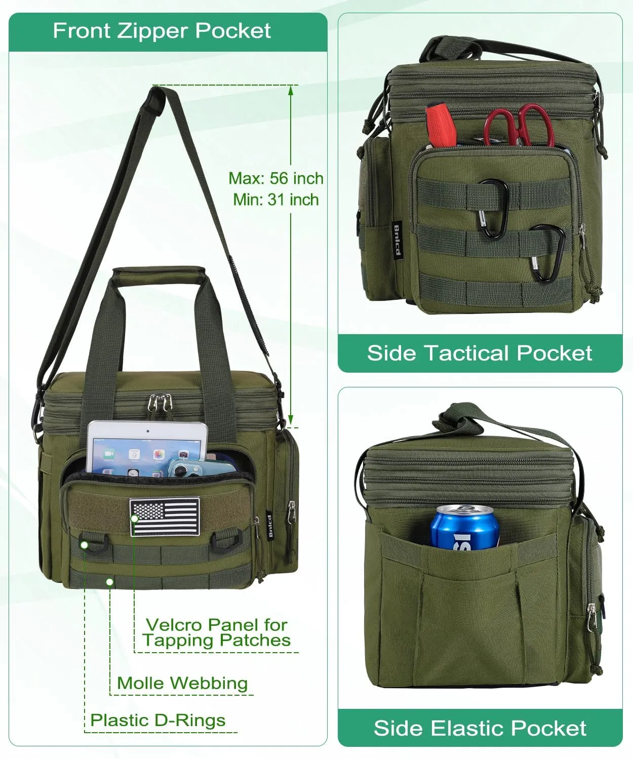 Tactical Lunch Box for Men, Expandable Large Insulated Lunch Bag for Adult, Heavy Duty Double Deck Lunch Cooler Bag with Shoulder Strap Leakproof Waterproof Lunch Tote for Travel Work Office - Green