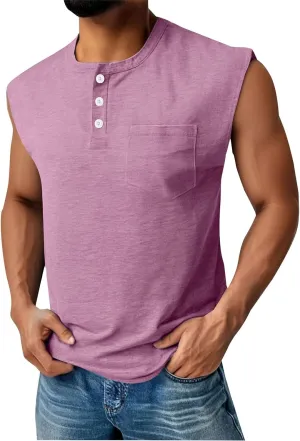 Tank Tops for Men Sleeveless Muscle Gym Workout Henley Shirts Beach Summer Vintage Button Down Tank Tops with Pocket