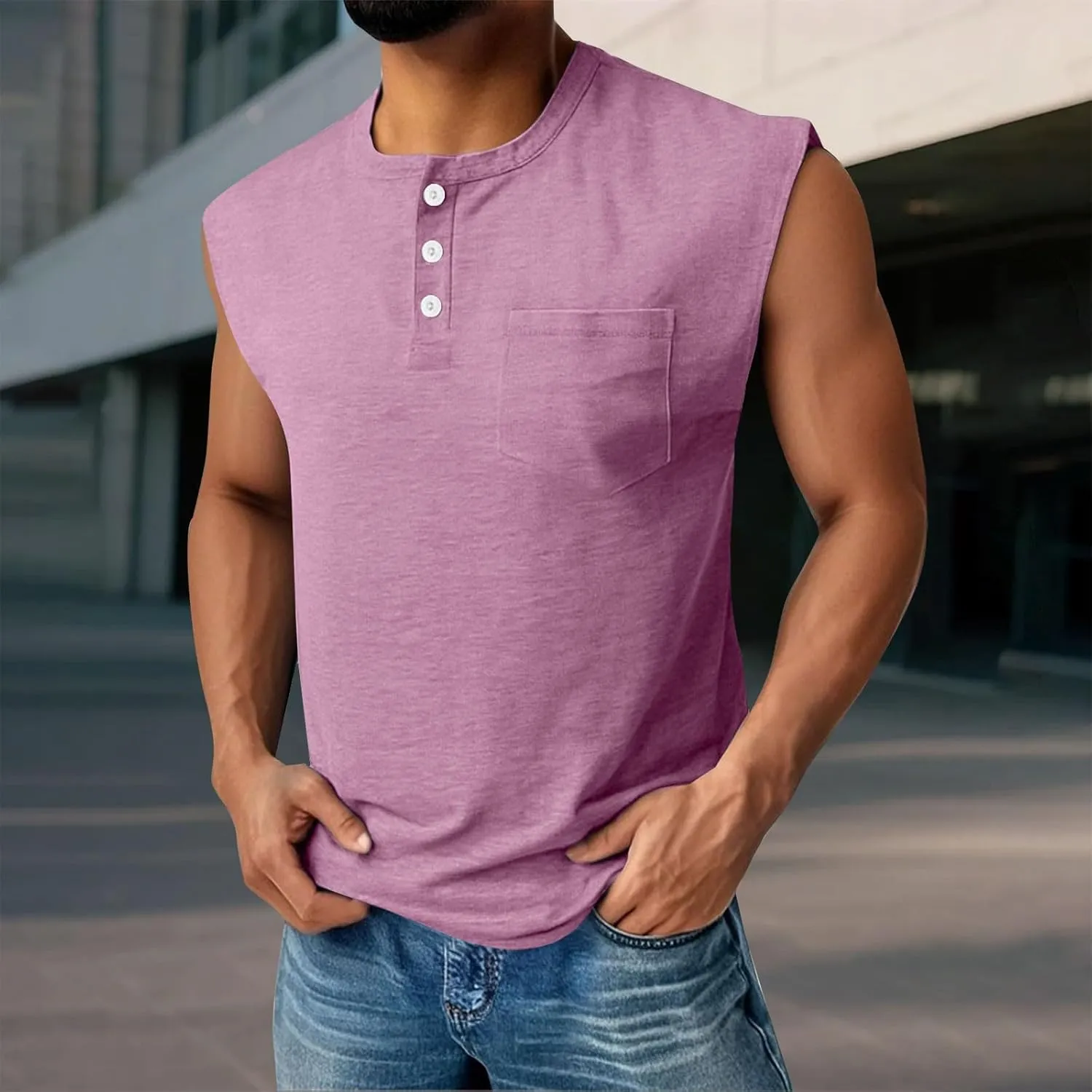 Tank Tops for Men Sleeveless Muscle Gym Workout Henley Shirts Beach Summer Vintage Button Down Tank Tops with Pocket