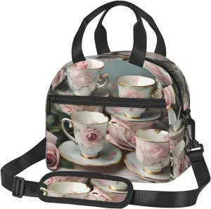 Tea Cups with Roses Romantic print Bag for Lunch Fit for office work picnic travelling insulated lunch bag