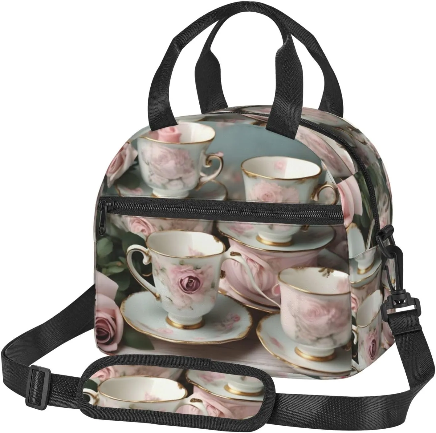 Tea Cups with Roses Romantic print Bag for Lunch Fit for office work picnic travelling insulated lunch bag