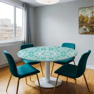 Teal Blue Round Fitted Tablecloth with Elastic Edge Vintage Floral Historic Architectural Table Cloth Round Elastic Edge Fitted Table Cover Geometric Fit for 40"-43" Table