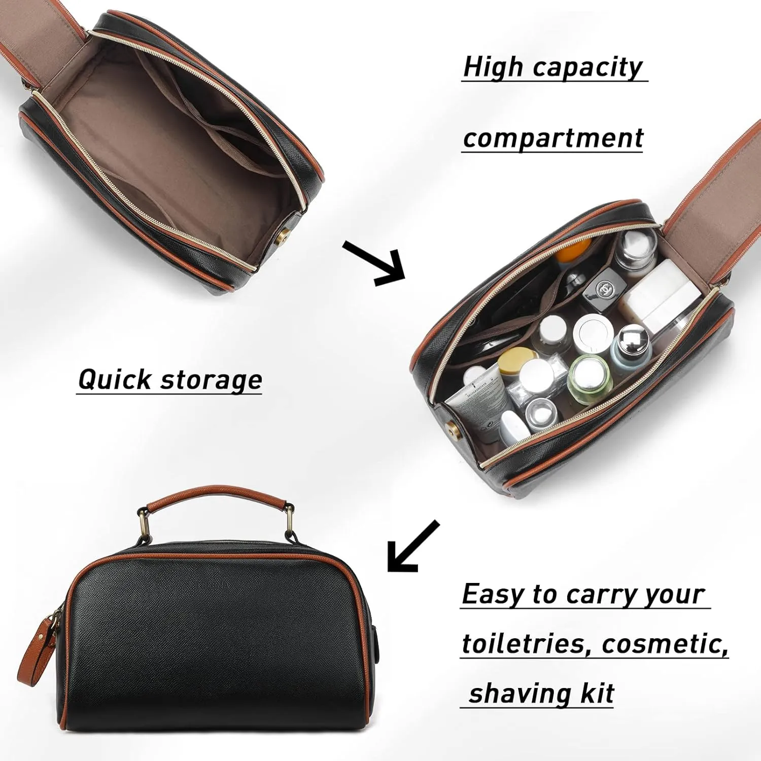 Telena Travel Toiletry Bag Makeup Cosmetic Bags for Women Waterproof PU Leather Toiletry Organizer Portable Large Capacity Black with Brown