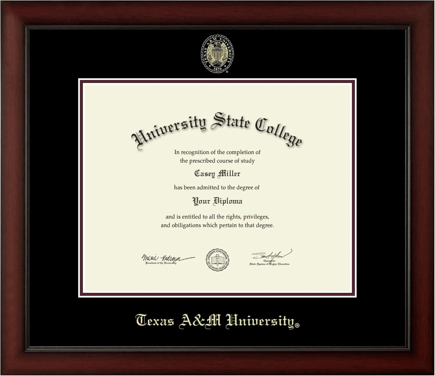 Texas A&M University 16" w x 12.5" h Diploma Frame - Fits a bachelor's, master's and phd - Gold Embossed Diploma Frame - Cherry Moulding with Black and Maroon Matting - Officially Licensed