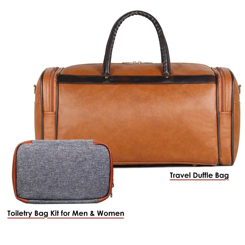 THE CLOWNFISH Combo Of Milo 38 Litres Faux Leather Travel Duffel Bag (Tan) & Travel Pouch Toiletry Bag (Grey), 25 CM, Assorted