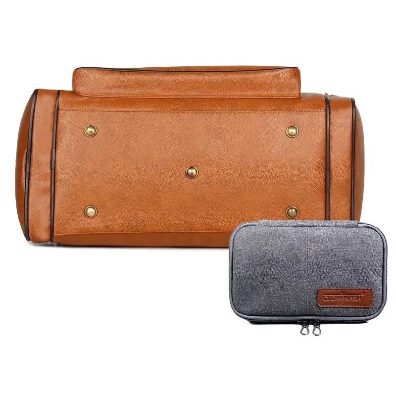 THE CLOWNFISH Combo Of Milo 38 Litres Faux Leather Travel Duffel Bag (Tan) & Travel Pouch Toiletry Bag (Grey), 25 CM, Assorted